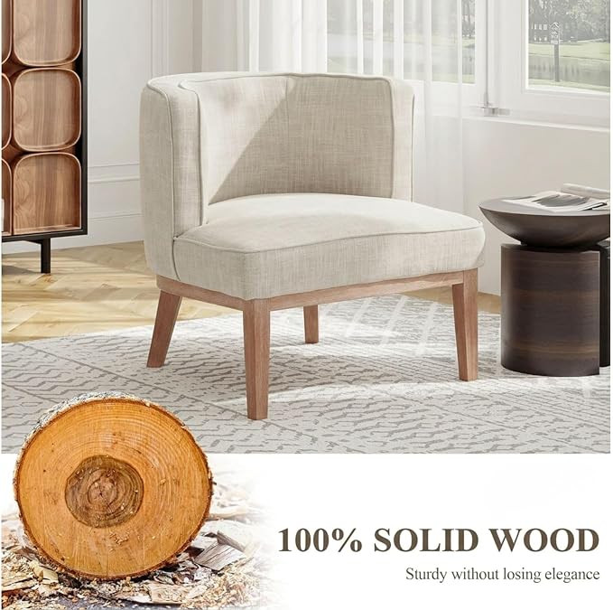 Beige Barrel Chair with Solid Wood Frame, Small Round Accent Chair, Comfy Linen - Image 5