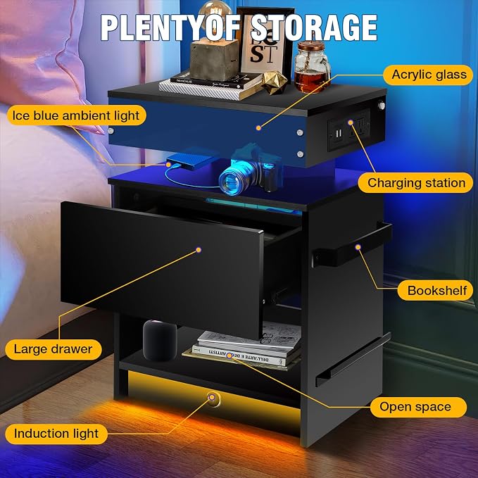 Nightstand with Induction Light & Side Charging Station, Modern Bedside Table - Image 6