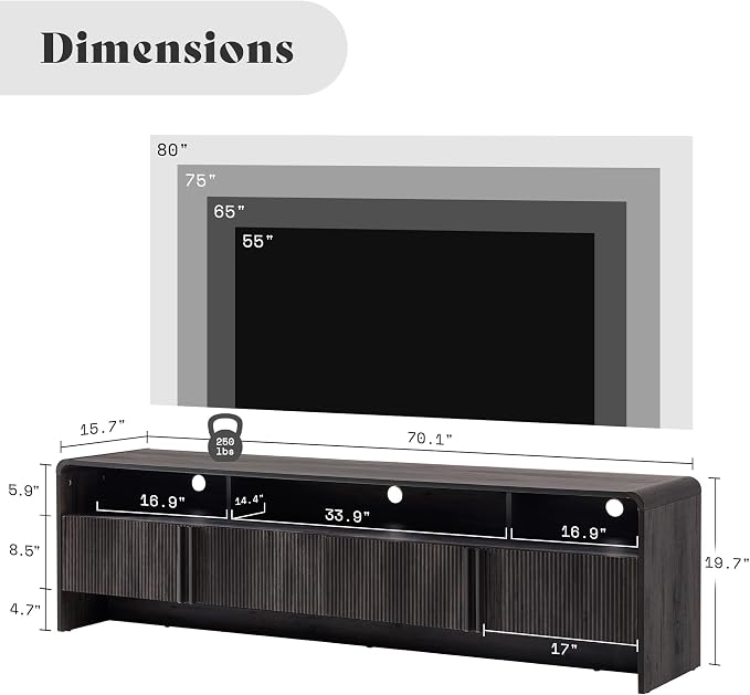 AMERLIFE 70" Modern TV Stand for TVs up to 80", Fluted Wood Entertainment Center - Image 5