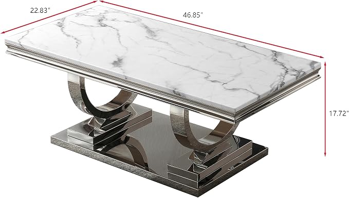 Henf 47" Marble Coffee Table Modern White Faux Marble Center Table - Image 2