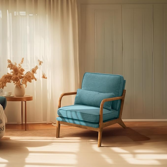 Bonnlo LinenTeal Mid Century Modern Accent Chair, Soild Wood Padding Lounge by Bonnlo