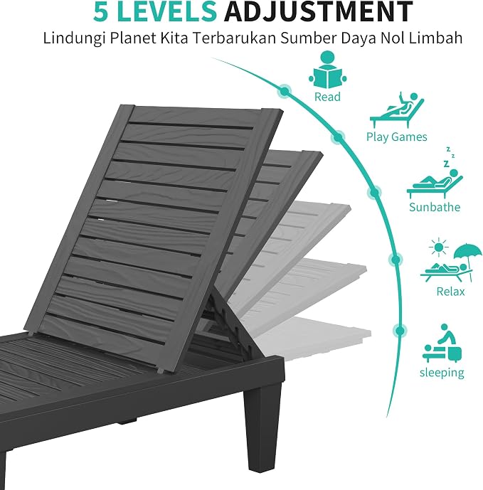 Outdoor Lounge Chair Set of 6, 5-Positions Adjustable Patio Chaise Lounges - Image 3