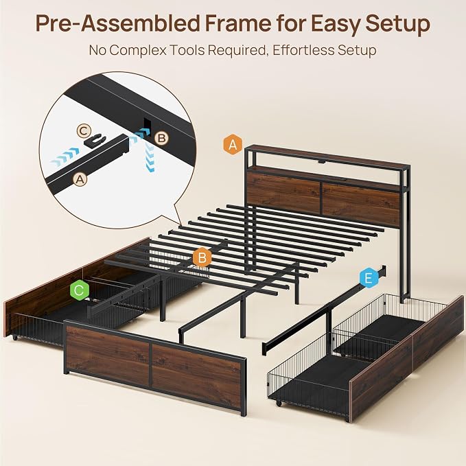 Rolanstar Queen Bed Frame with 4 Storage Drawers & 2-Tier Storage Headboard - Image 3