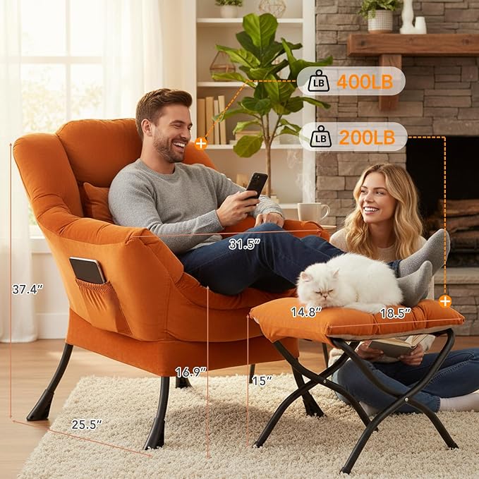 Tangerine Lazy Chair with Ottoman, Large Velvet Accent Chair with a Throw Pillow - Image 3