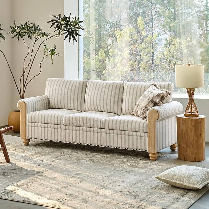 EcoHarbor Living 3-Seater Couch, Stripe 81" Mid-Century Modern Upholstered Sofa - Image 3