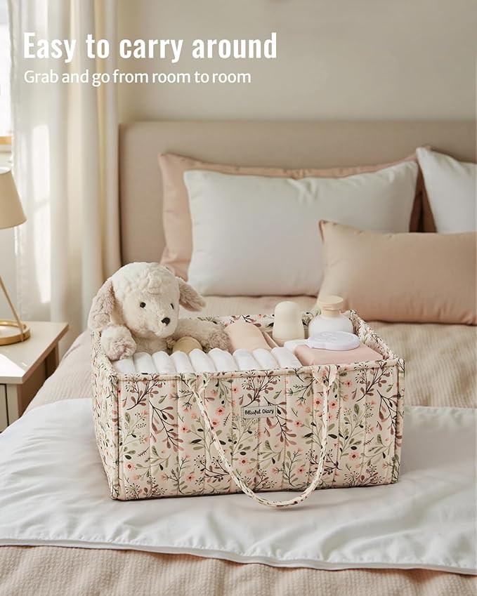 Blissful Diary Floral Diaper Caddy Organizer, Stylish Nursery Storage Basket - Image 4
