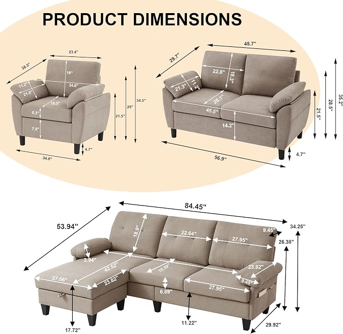 84" Convertible Sectional Sofa Set, 3 Seat L Shaped Couch - Image 2