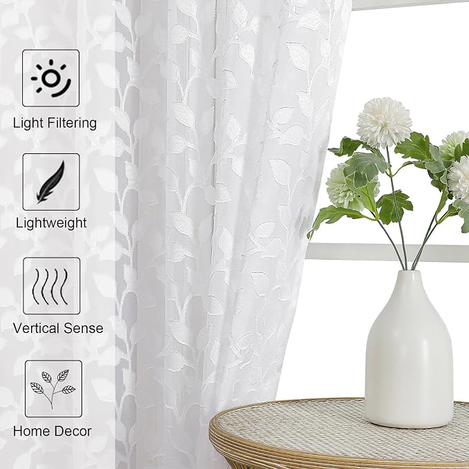 Chyhomenyc White Sheer Curtains 96 Inch Length 2 Panels Set, Light Filtering - Image 6