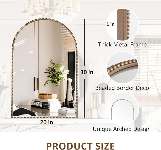 Antique Gold Arched Wall Mirror 20"x30", Ornate Beaded Metal Frame Bathroom - Image 2