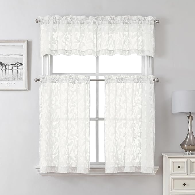 Lecloud Leia Ivory Sheer Kitchen Curtains 24 Inch Length 2 Pcs, Jacquard Leaf - Image 8