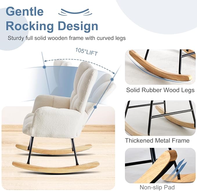 DUMOS Rocking Chair with High Backrest, Nursery Teddy Upholstered Indoor - Image 7