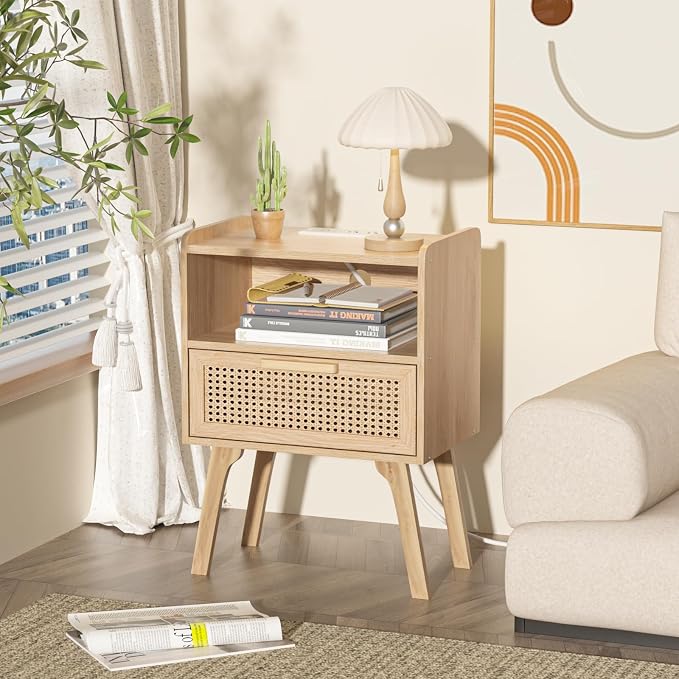 Lerliuo Rattan Nightstand with Charging Station, Boho Night Stand with Handmade - Image 8