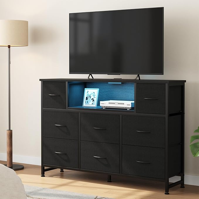 DUMOS TV Stand Dresser with 8 Fabric Drawers and Open Shelves, LED - Image 2