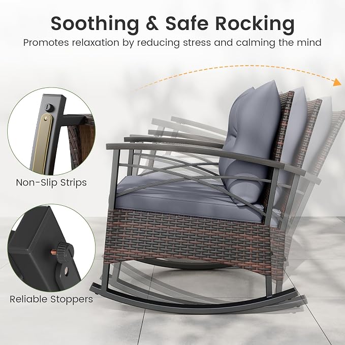 Tangkula 3 Pieces Outdoor Rocking Chairs Set, Rattan Heavy Duty Cushioned - Image 5