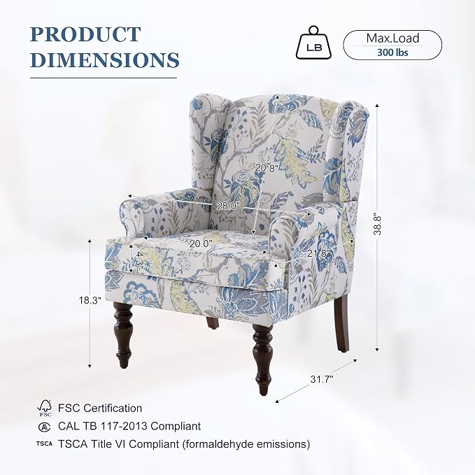 HUIMO Printed Wingback Accent Chair, Linen Upholstered High Back Armchair - Image 3