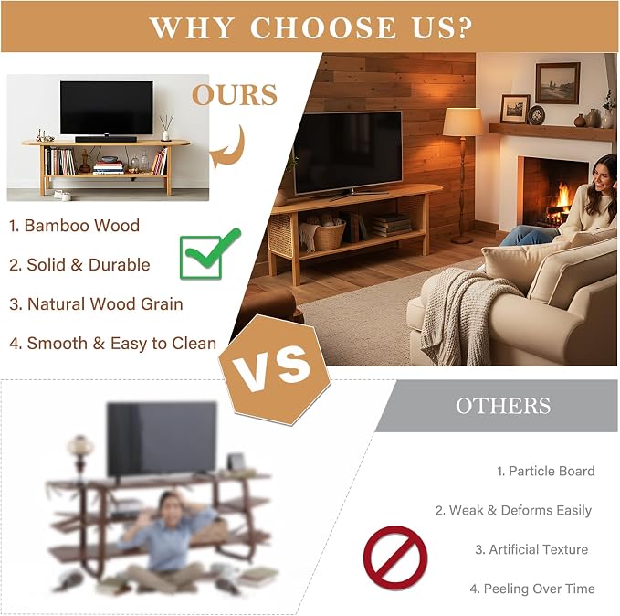 Tiita TV Stand with Storage for TVs up to 65'', Bamboo TV Console Entertainment - Image 4