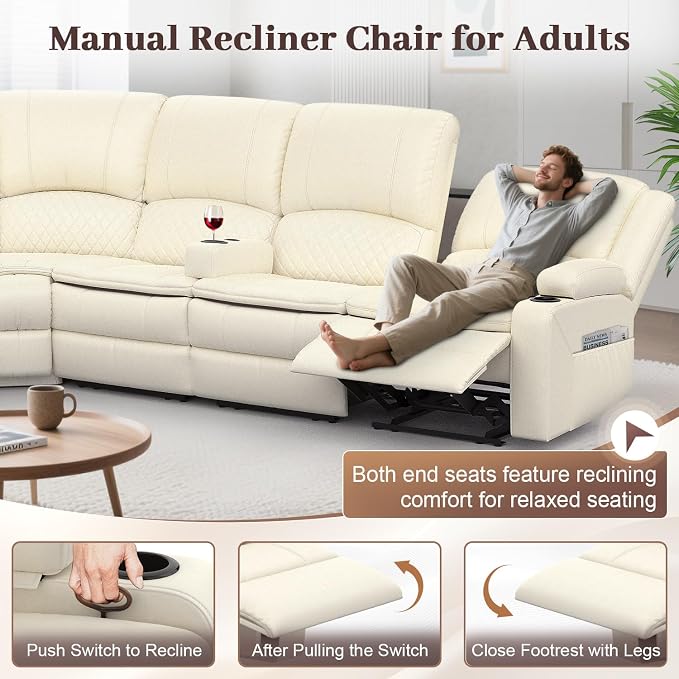 Yolsali Manual Reclining Sectional Sofa Set, 6 Seats Soft Leather Recliner - Image 6