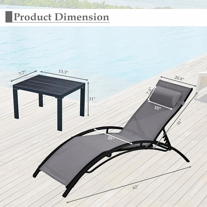 EROMMY Outdoor Chaise Lounge Set of 3, Reclining Patio Chairs - Image 2