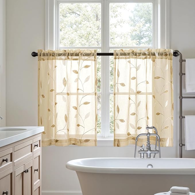 MIULEE Beige Sheer Kitchen Curtains 30x36 Inches Length 2 Panels Embroidered - Image 7