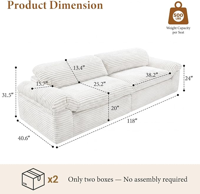 Vesgantti 118" Modular Sectional Couch, Comfy Corduroy Upholstered Cloud Couches - Image 2