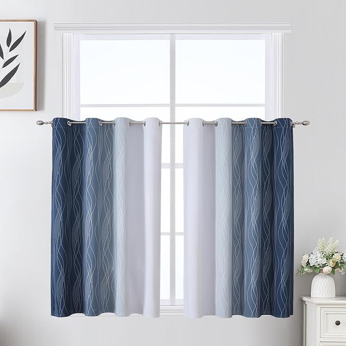 Estelar Textiler Navy Blue and Greyish White Ombre Short Blackout Cafe Curtains by ESTELARTEXTILER