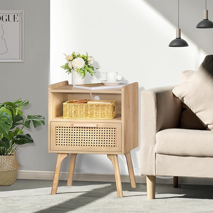 Lerliuo Rattan Nightstand with Charging Station, Boho Side Table with Drawer - Image 4