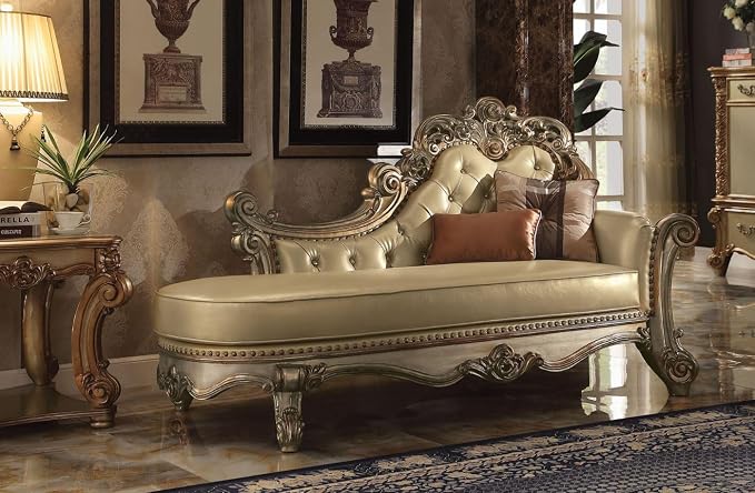 Acme Vendome Chaise w/2 Pillows in Bone Synthetic Leather & Gold Patina by AcmeFurniture
