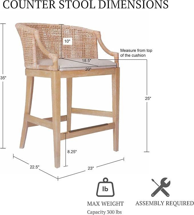 Martha Stewart Farmhouse Counter Height Bar Stools, Handcrafted Rattan Counter - Image 2
