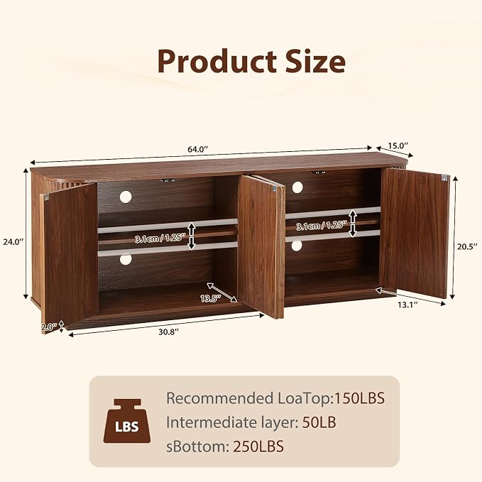 64" Fluted TV Stand for TVs up to 75 inch, Modern Entertainment Center - Image 2