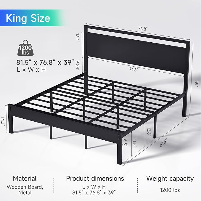 Z-hom Upgraded King Size Bed Frame, Heavy Duty Metal Sturdy King Bed Frame - Image 2