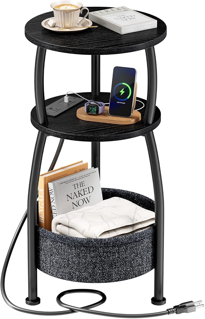 Round Side Table with Power Outlets, Small Coffee Table with S Basket, Space by designyourhome