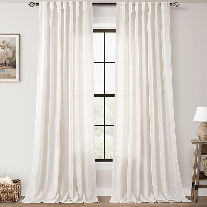 Cream Natural Linen Curtains 86 inch Length 2 Panels Set Neutral Rustic by Jolilight