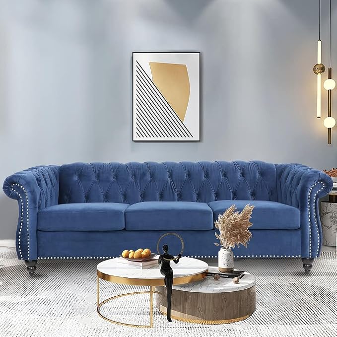 AVZEAR 3 seat Sofa, Velvet Living Room Large Sofa Modern Chesterfield Fabric - Image 6