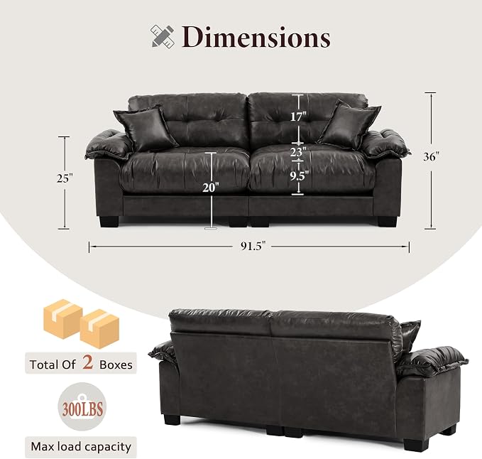 Faux Leather Sofa, Mid Century Modern Leather Upholstered Deep Loveseats - Image 2