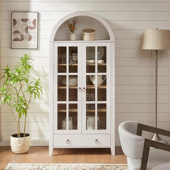 Farmhouse Arched Cabinet with Glass Doors, Wood Display Cabinet with Drawer and - Image 7