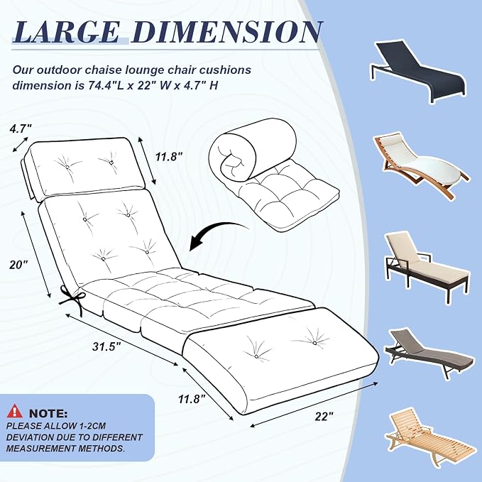 Outdoor Chaise Lounge Chair Cushion 74.2 x 22 x 4.7 Inches Thickened 100% - Image 2