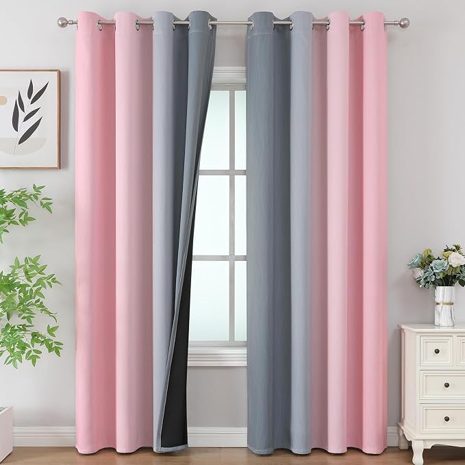Ombre Pink and Gray Blackout Curtains 96 Inches Long, Full Room Darkening by ESTELARTEXTILER