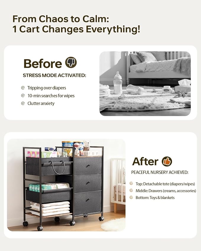 2-in-1 Baby Diaper Caddy Organizer and Storage-3 Tier Rolling Baby Cart - Image 4
