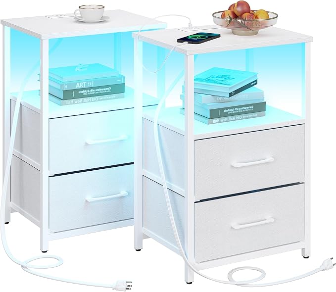 TUTOTAK LED End Table with Charging Station, Nightstand with Cloth Drawer by ChoosetutotakFurnitureBuildYourCozyHome