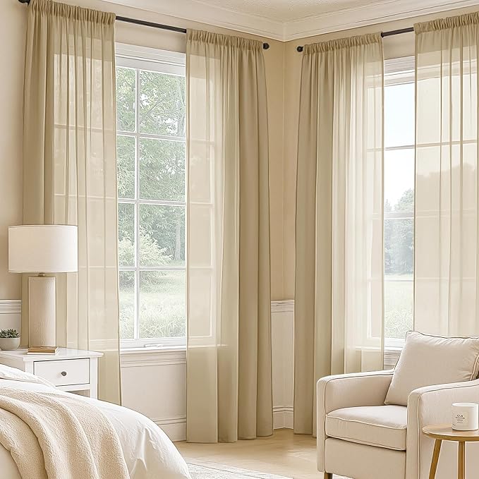 MIULEE Beige Sheer Curtains 96 Inches Long, 4 Panels Set, Rod Pocket Voile - Image 2