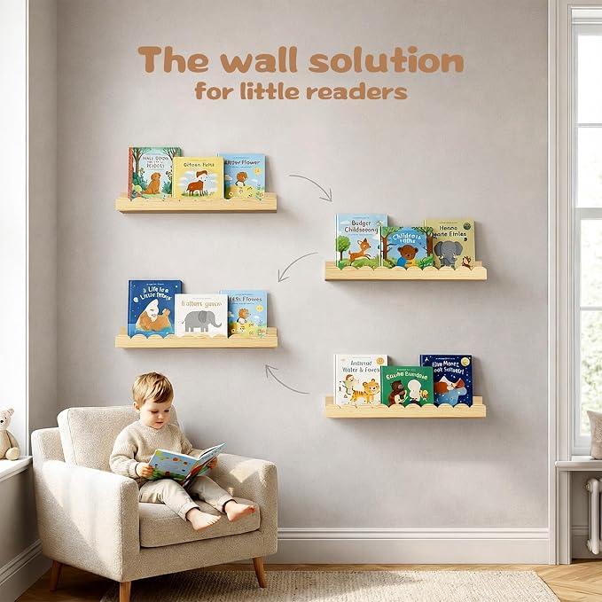 Nursery Floating Shelves for Kids Room, 2 Pack 23.6 Inch Natural Wood Wall - Image 5