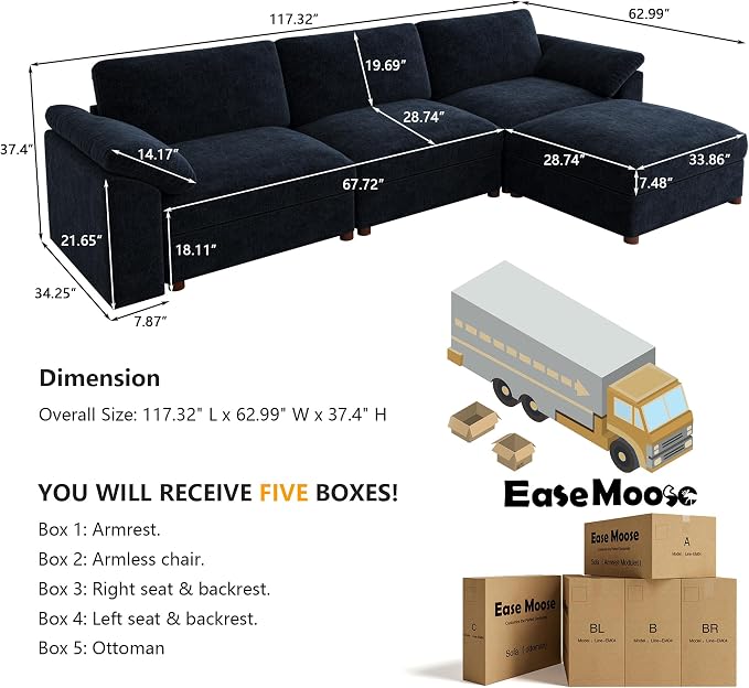 EASE MOOSE Blue Sectional Modular Sofa, FSC Certified Oversized L Shape - Image 2
