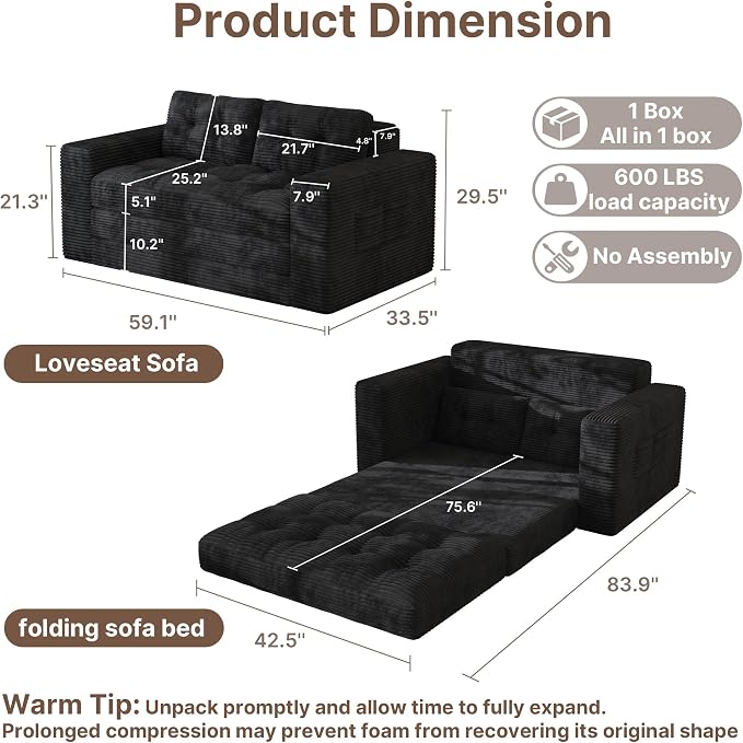 Gizoon Convertible Loveseat Sleeper Sofa Bed, Corduroy Pull Out Couch - Image 2