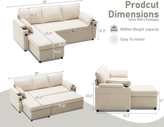 DURASPACE Sofa Bed Sleeper Pull Out 2 in 1 Sectional Sleeper Sofa Couches - Image 2
