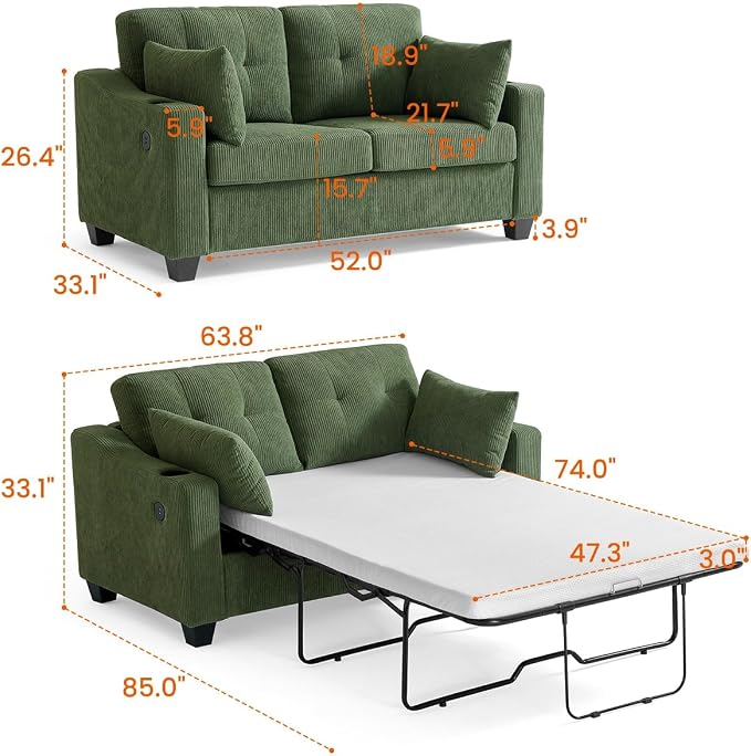 Full Size Pull Out Sleeper Sofa Bed, 2-in-1 Convertible Corduroy Pull Out Couch - Image 3