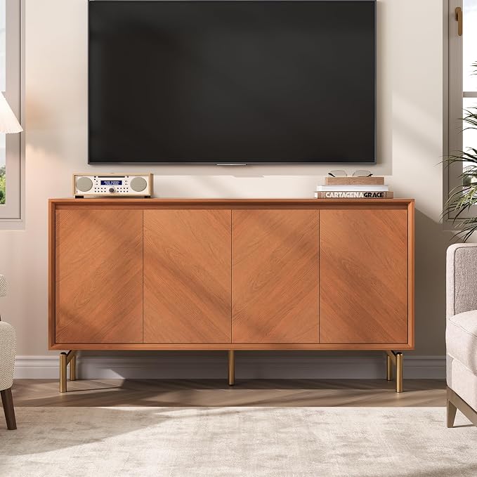 JOINICE Storage Cabinet, Mid-Century Modern Wood Accent Cabinet, Chevron - Image 9