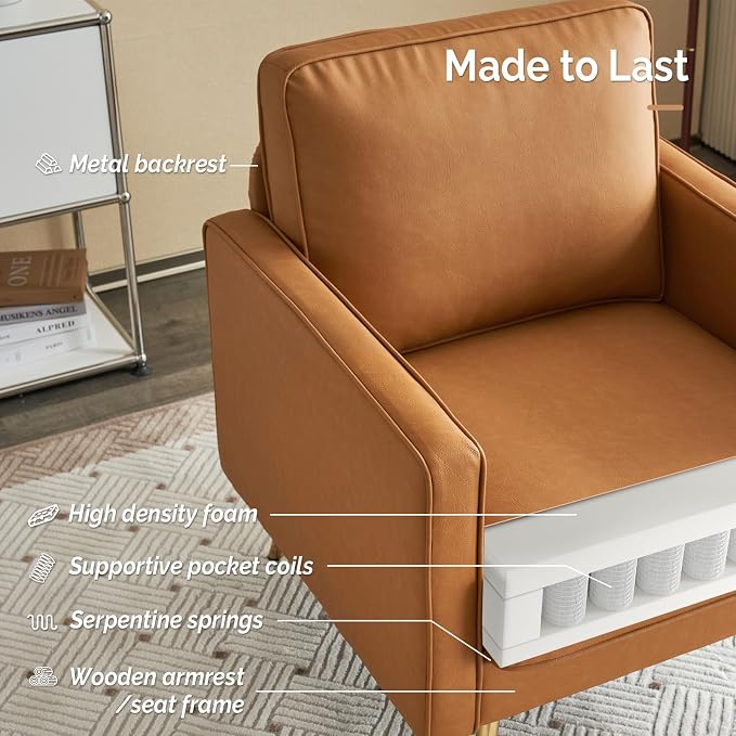 VINGLI PU Leather Accent Chair Brown Mid Century Modern Upholstered Sofa Chairs - Image 5