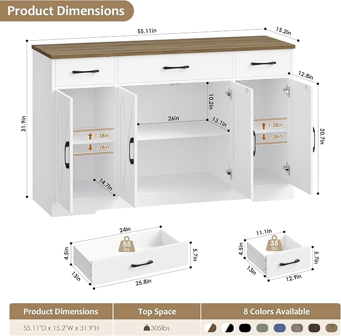 HOSTACK Buffet Cabinet with Drawers, Modern Farmhouse Coffee Bar Station Wood - Image 3