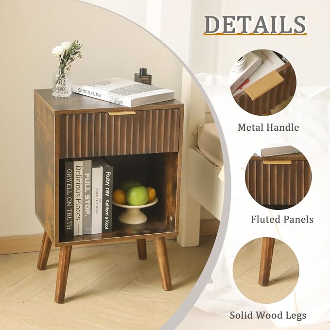 Fultyle Mid Century Modern Nightstand, Wood Bedside Table - Image 4