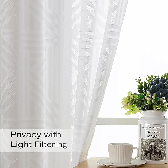 Simplebrand Semi Sheer White Curtains 45 Inch Length 2 Panels, Geometric - Image 2